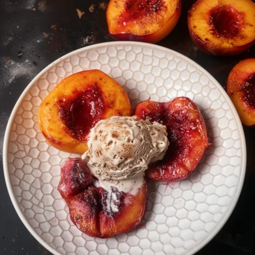Brown sugar baked peaches and nectarines with vanilla ice cream on a patterned plate