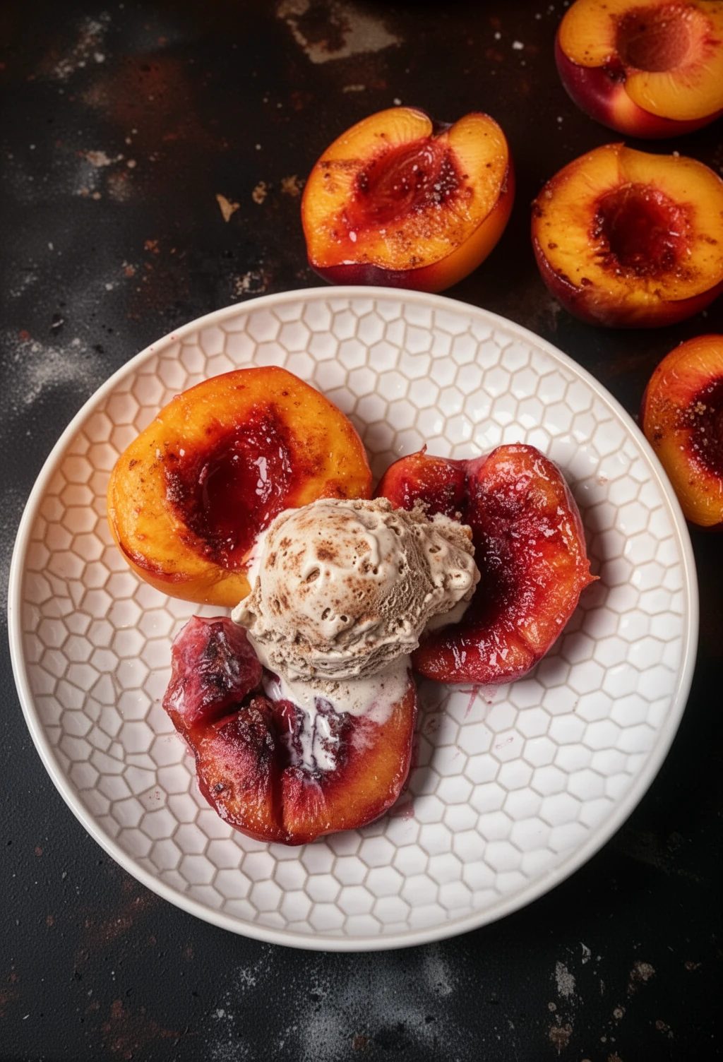 Brown sugar baked peaches and nectarines with vanilla ice cream on a patterned plate