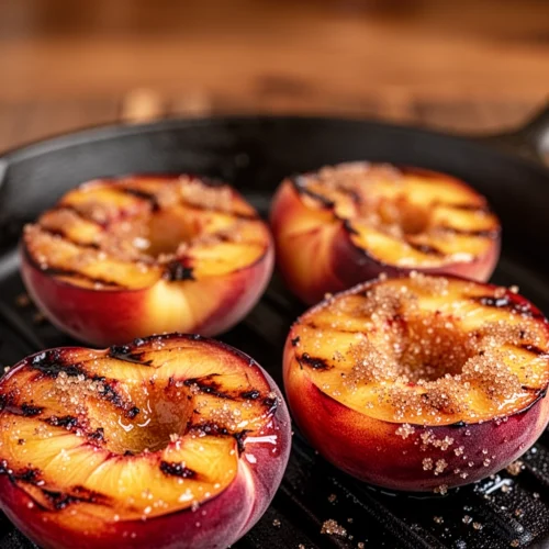 Brown sugar grilled peaches with grill marks and cinnamon, served on a grill pan