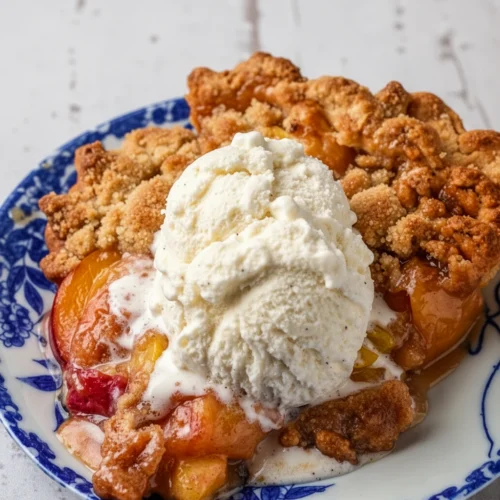 Brown sugar peach crumble pie with vanilla ice cream on a blue plate