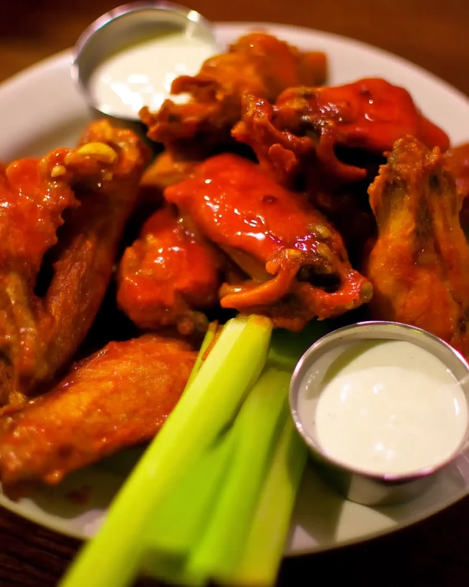 Buffalo Wild Wings medium wing sauce copycat recipe with crispy wings and celery
