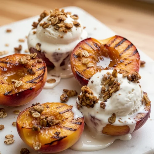 Caramelized Peaches: A Delightfully Sweet Treat 2 Caramelized peaches with vanilla ice cream and oat crumble topping