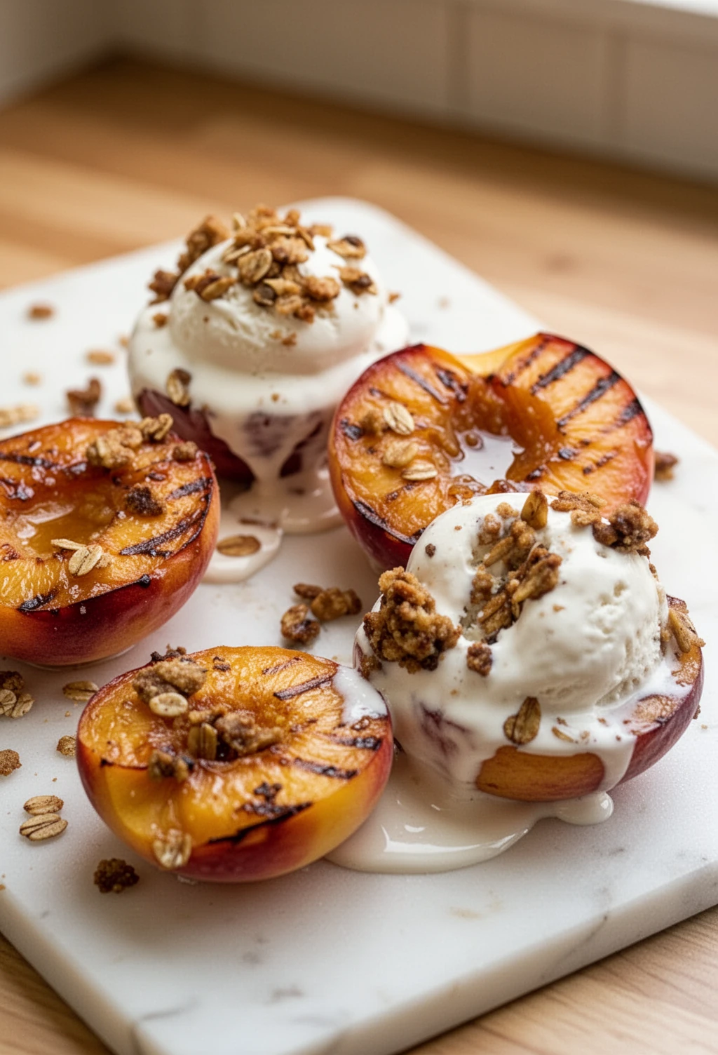 Caramelized Peaches with Ice Cream and Oat Crumble Caramelized peaches with vanilla ice cream and oat crumble topping