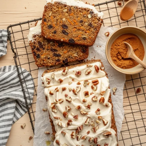 Moist carrot cake banana bread with cream cheese frosting and pecans on cooling rack