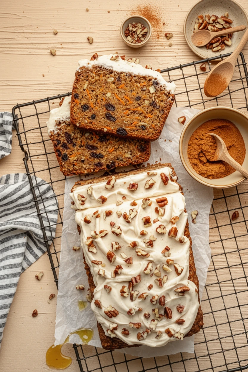 Moist carrot cake banana bread with cream cheese frosting and pecans on cooling rack