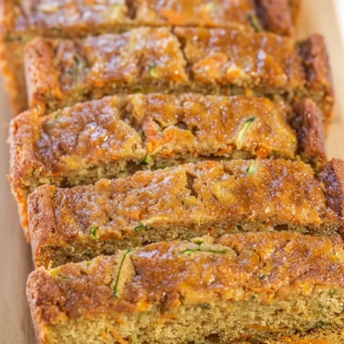 Sliced carrot zucchini bread on a wooden board, showing moist texture and visible veggies