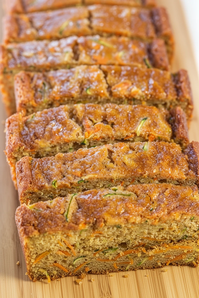 Sliced carrot zucchini bread on a wooden board, showing moist texture and visible veggies