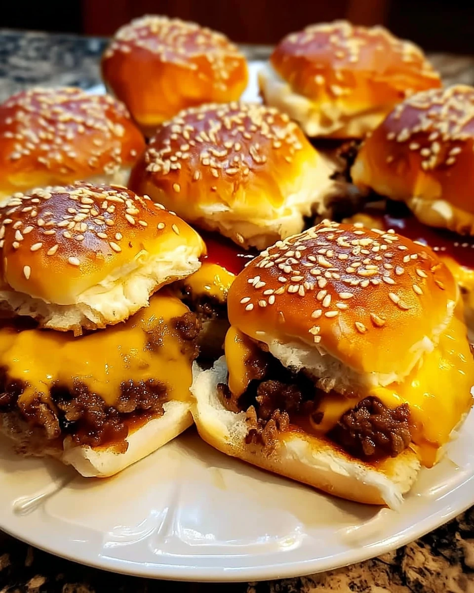 Cheeseburger sliders with melted cheddar and sesame seed buns on a white plate