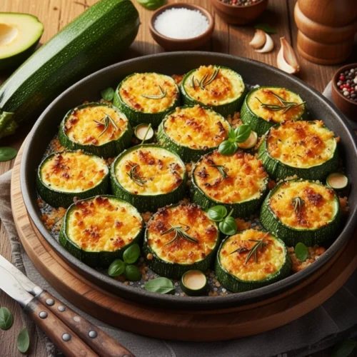 Cheesy baked zucchini rounds with golden panko topping and fresh herbs