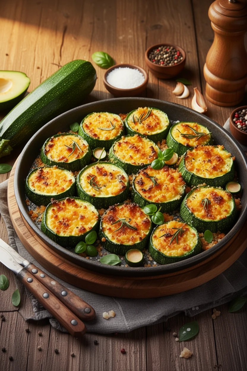 Cheesy baked zucchini rounds with golden panko topping and fresh herbs