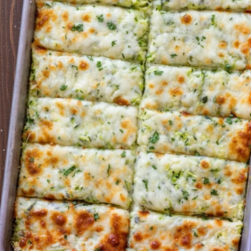 Cheesy Zucchini Breadsticks: The Ultimate Comfort Food 2 Golden-brown cheesy zucchini breadsticks in a baking pan, topped with melted cheese and herbs