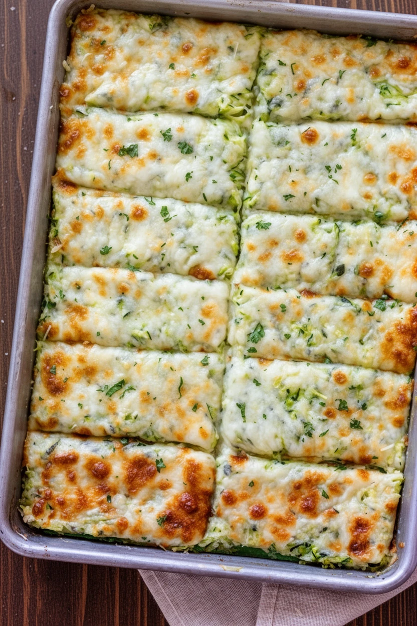 Cheesy Zucchini Breadsticks with Melted Cheese Topping Golden-brown cheesy zucchini breadsticks in a baking pan, topped with melted cheese and herbs