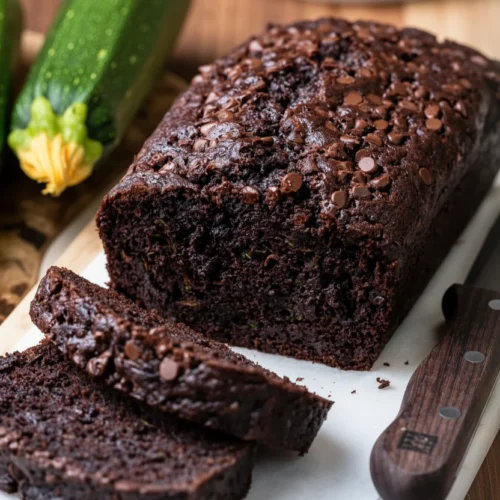 Choc Zucchini Bread: A Moist and Indulgent Treat 2 Moist choc zucchini bread with chocolate chips, sliced on a marble board next to fresh zucchini