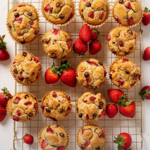 Chocolate chip zucchini strawberry muffins on a cooling rack with fresh strawberries