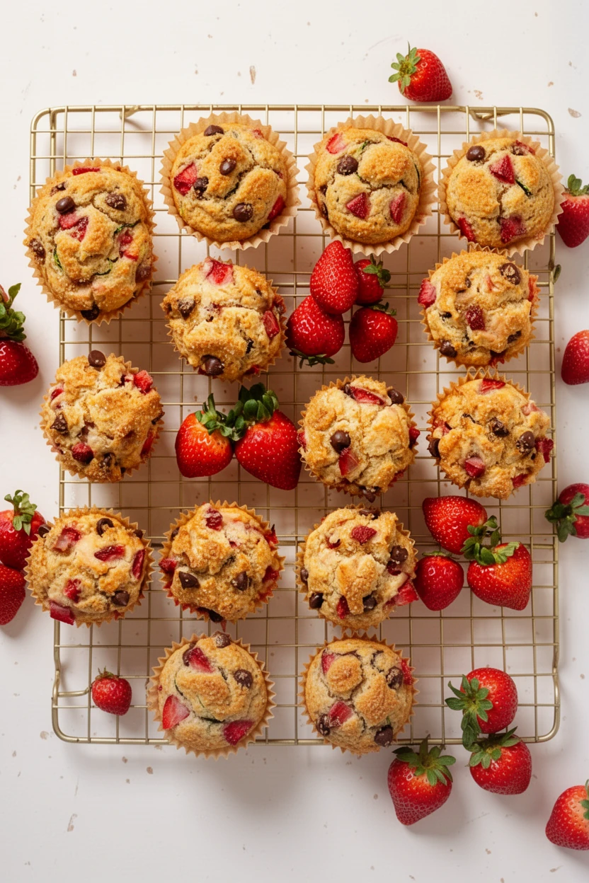 Chocolate chip zucchini strawberry muffins on a cooling rack with fresh strawberries