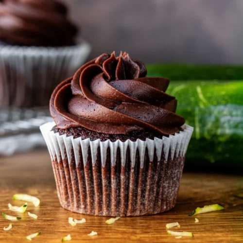 Moist chocolate zucchini cupcakes with rich chocolate frosting and fresh zucchini in background
