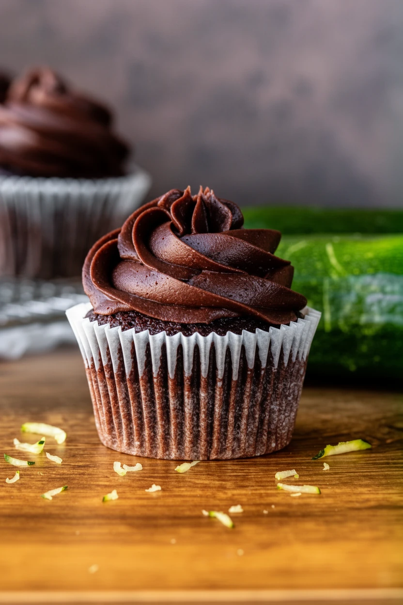 Moist chocolate zucchini cupcakes with rich chocolate frosting and fresh zucchini in background
