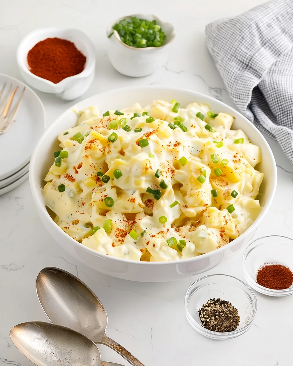 Classic southern potato salad in a white bowl with green onions and paprika