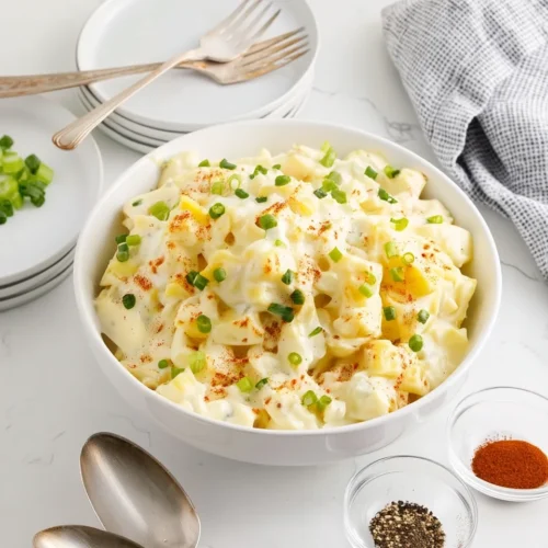 Classic southern potato salad in a white bowl with green onions and paprika