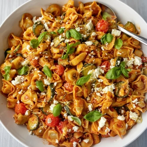 Creamy courgette and tortellini pasta with feta, basil, and cherry tomatoes