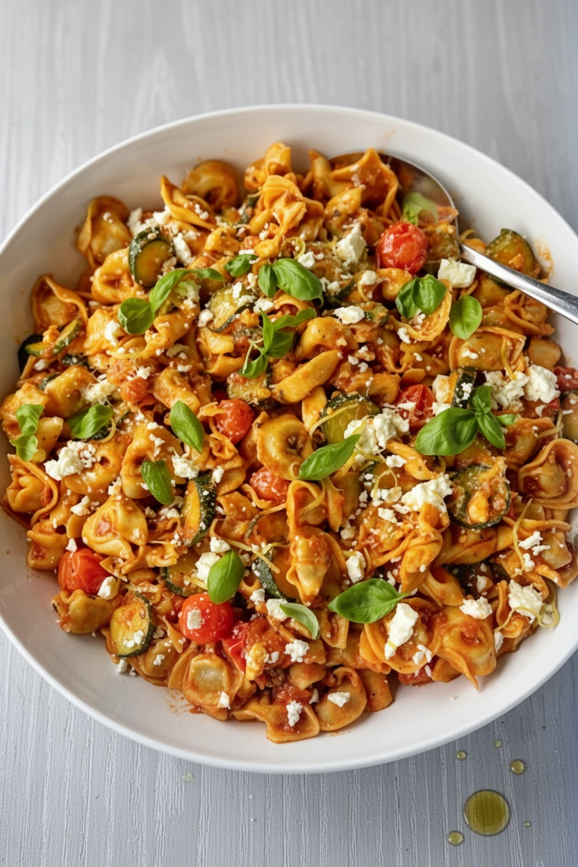Creamy courgette and tortellini pasta with feta, basil, and cherry tomatoes