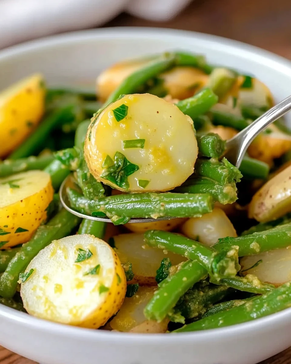 Creamy green bean potato salad with fresh herbs in a white bowl