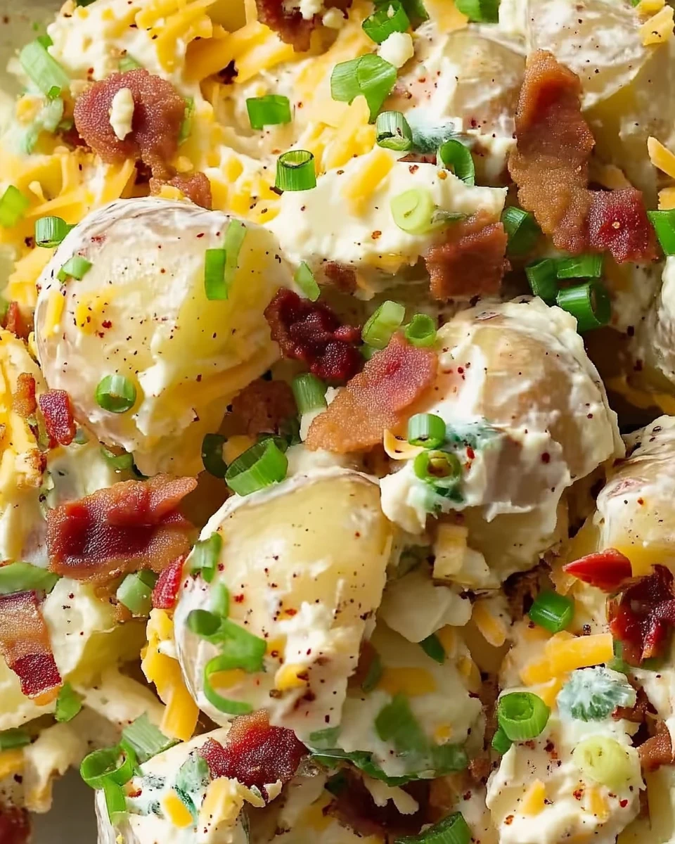 Creamy loaded potato salad with bacon, cheese, and green onions