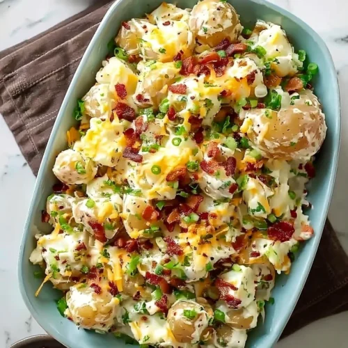 Creamy loaded potato salad with bacon, cheese, and green onions in a blue dish