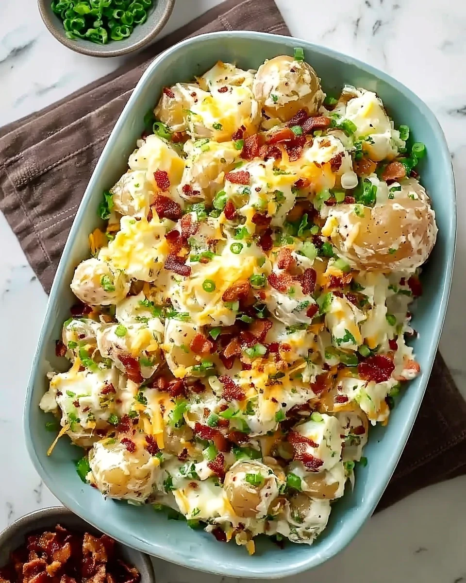 Creamy loaded potato salad with bacon, cheese, and green onions in a blue dish
