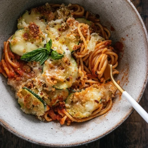 Crispy zucchini dish served over spaghetti with melted cheese and fresh basil