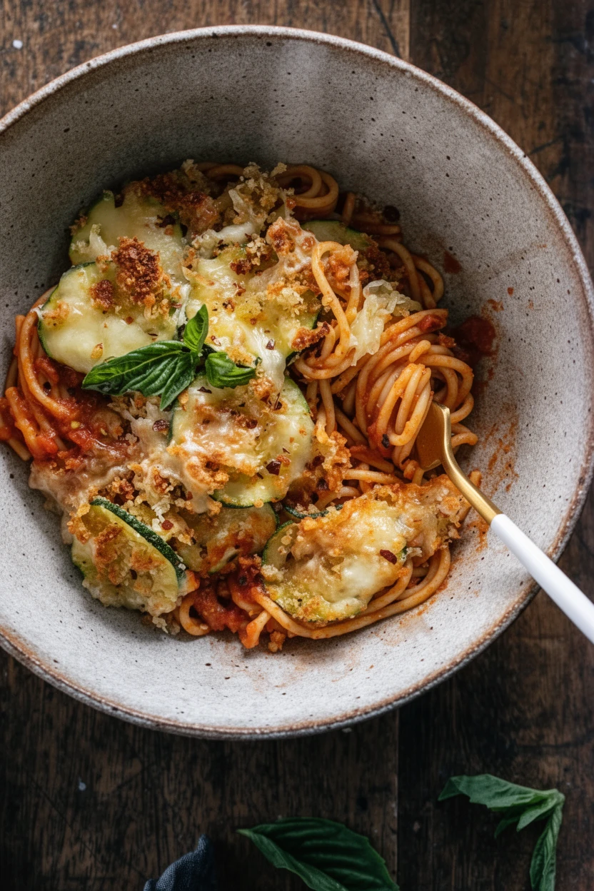Crispy zucchini dish served over spaghetti with melted cheese and fresh basil