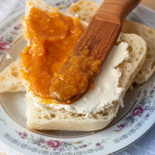 Crock pot peach butter spread on a bagel with cream cheese, served on a floral plate