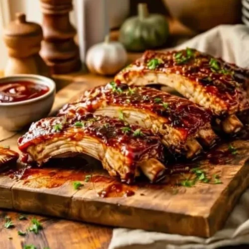 Tender crock pot ribs with barbecue sauce on a wooden board