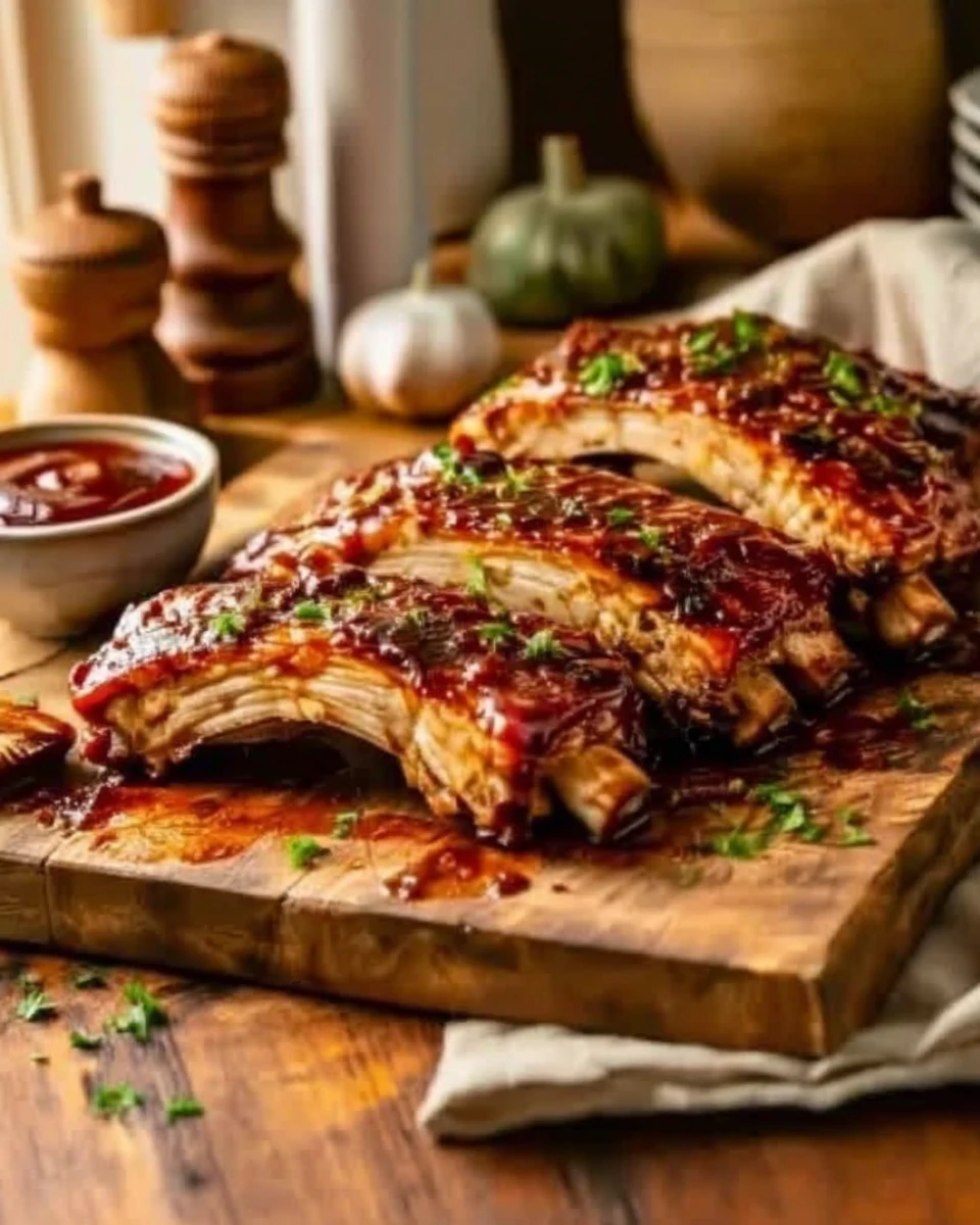 Tender crock pot ribs with barbecue sauce on a wooden board