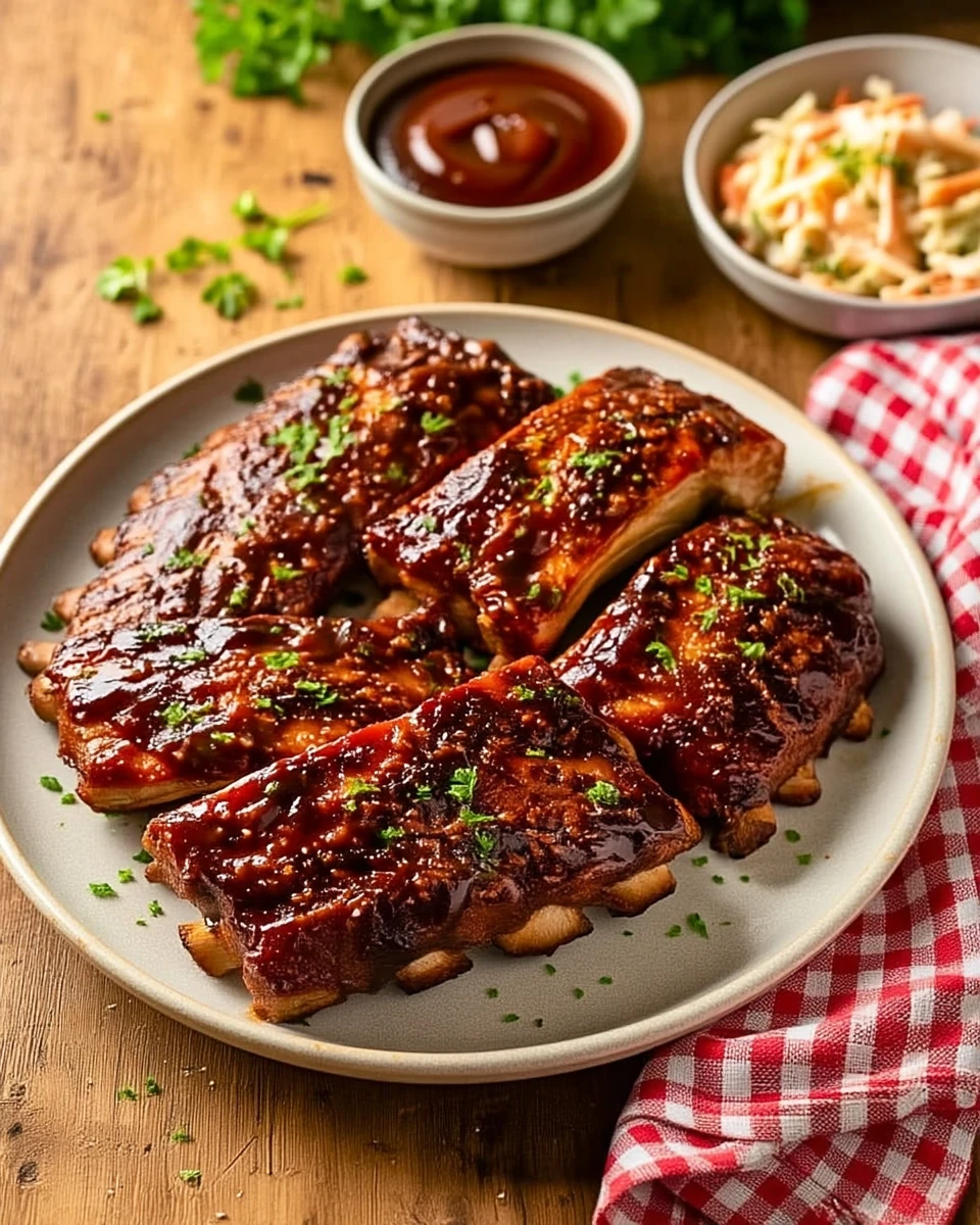 Glossy crock pot ribs on a plate with parsley, coleslaw, and barbecue sauce