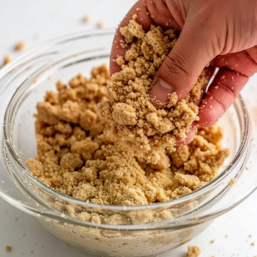 Hand holding golden crumble topping over glass bowl, keyword: crumble topping