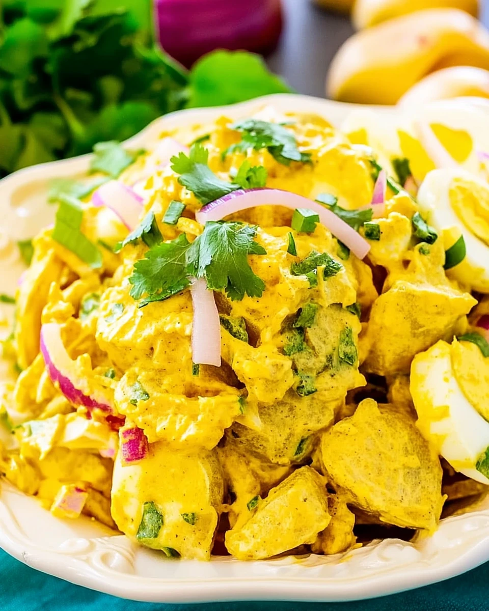 Curried potato salad with potatoes, eggs, red onion, and cilantro on a white plate