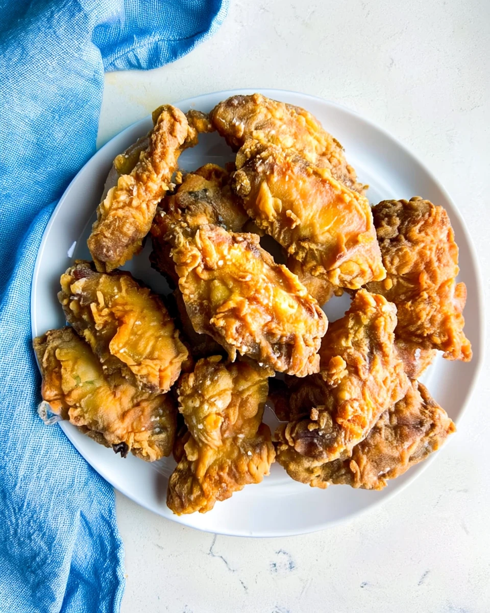 Crispy deep fried chicken wings on a white plate with blue napkin
