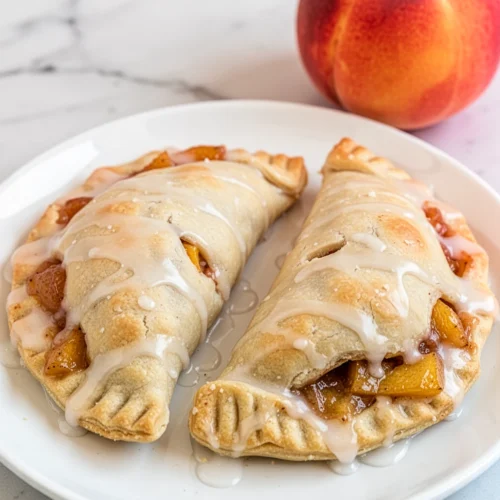 Delicious peach hand pies with glaze on a white plate, fresh peaches nearby