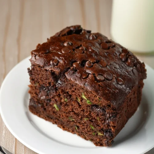 Double Chocolate Zucchini Cake: Indulgently Moist and Decadent 2 Moist double chocolate zucchini cake slice with chocolate chips on a plate