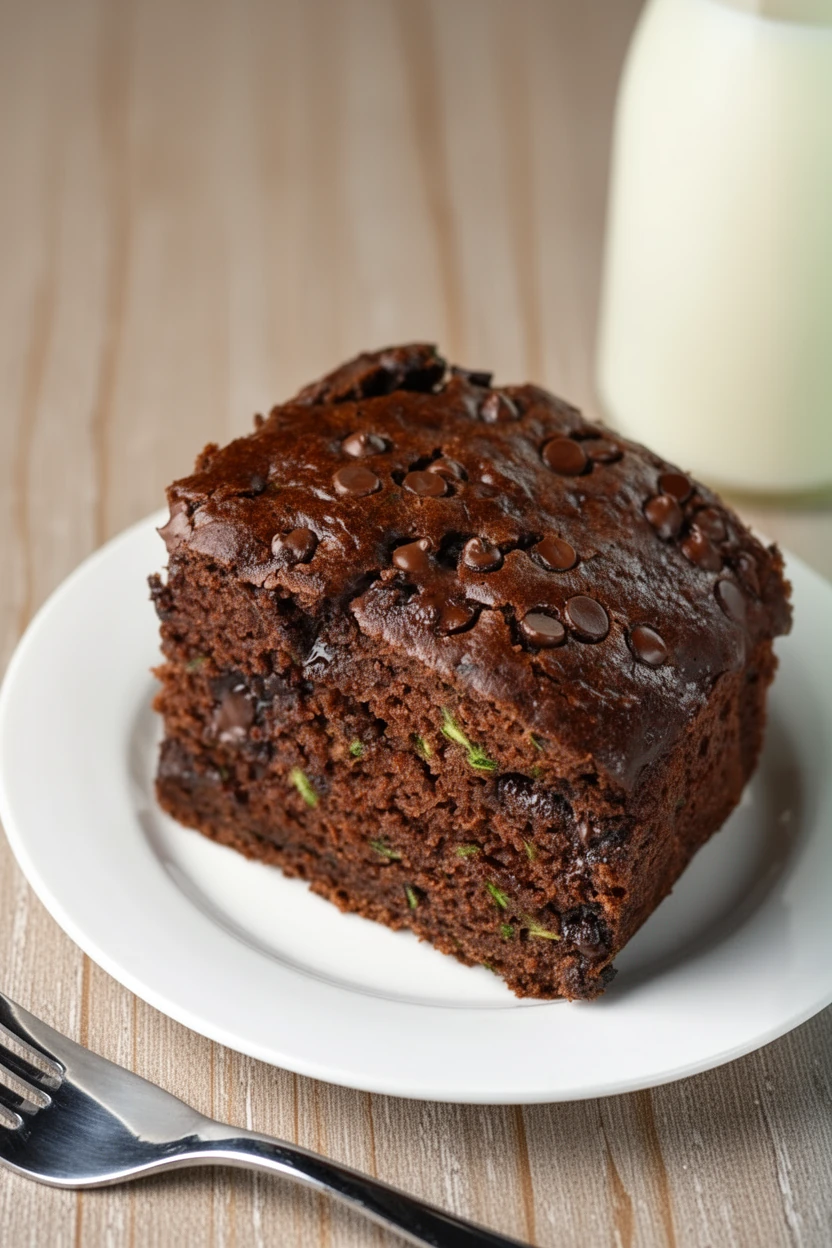 Double Chocolate Zucchini Cake Slice with Chocolate Chips Moist double chocolate zucchini cake slice with chocolate chips on a plate
