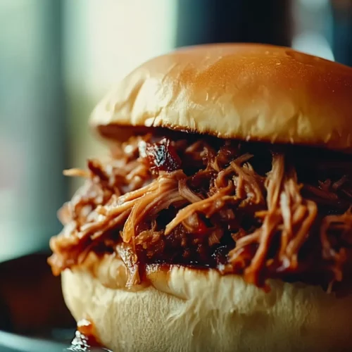 Dutch oven pulled pork sandwich with tender, saucy meat in a soft bun