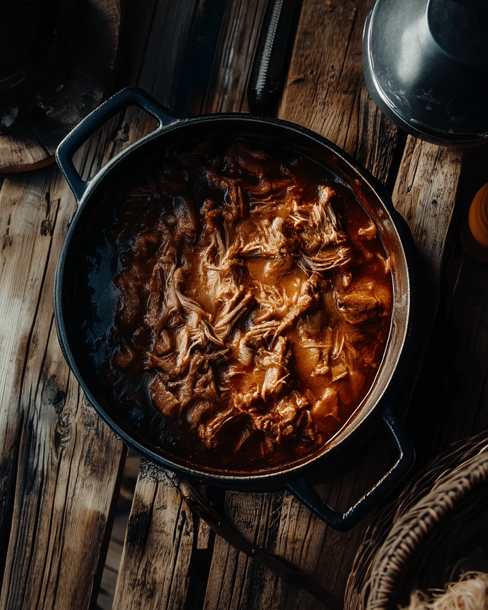 Dutch oven pulled pork in a cast iron pot on a wooden table