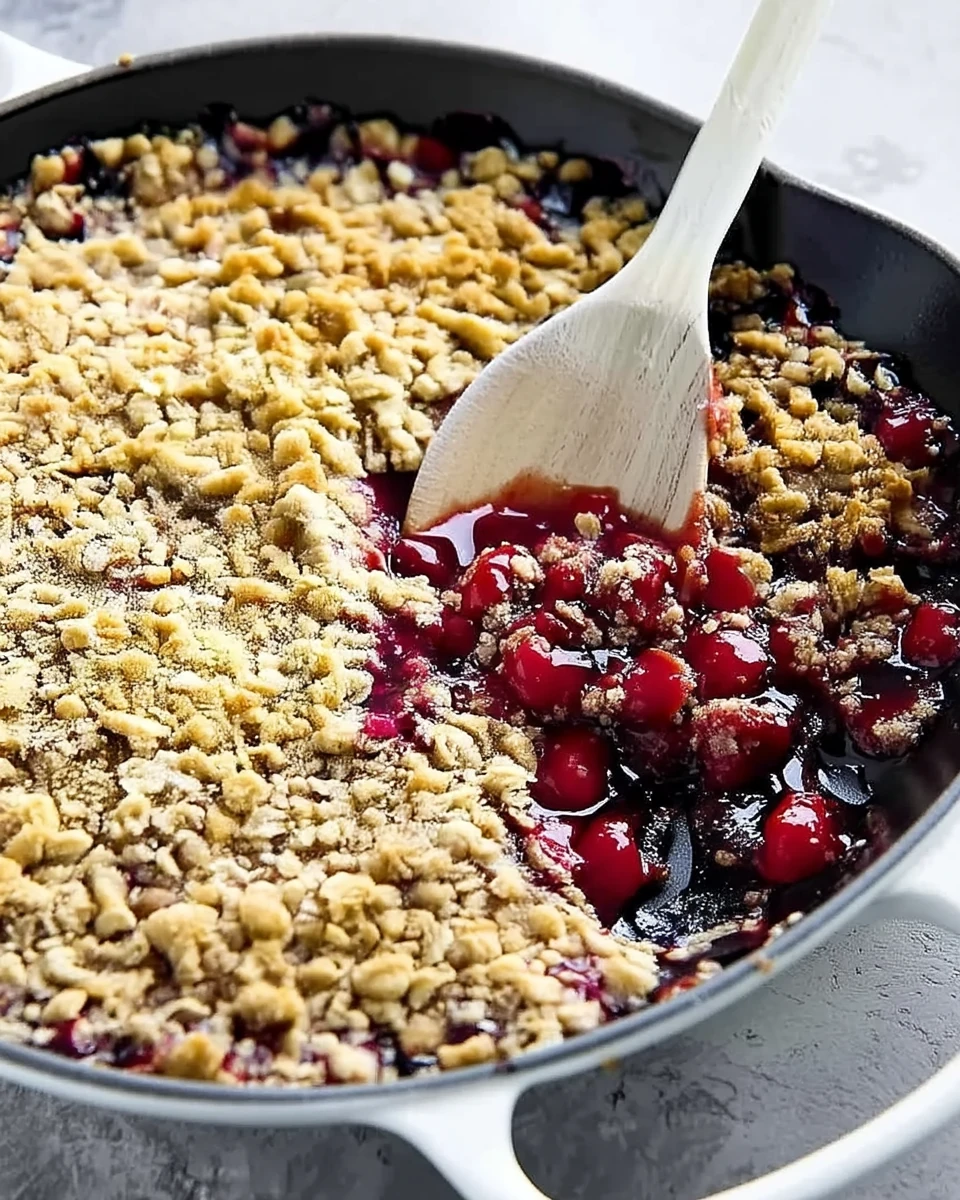 Easy cherry crisp in a skillet with golden topping and juicy cherry filling