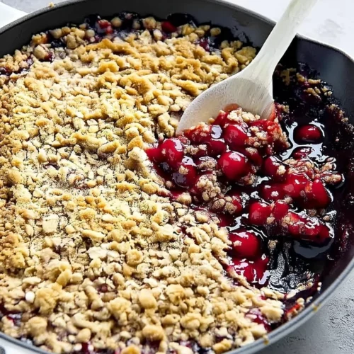 Easy cherry crisp in a skillet with golden topping and juicy cherry filling
