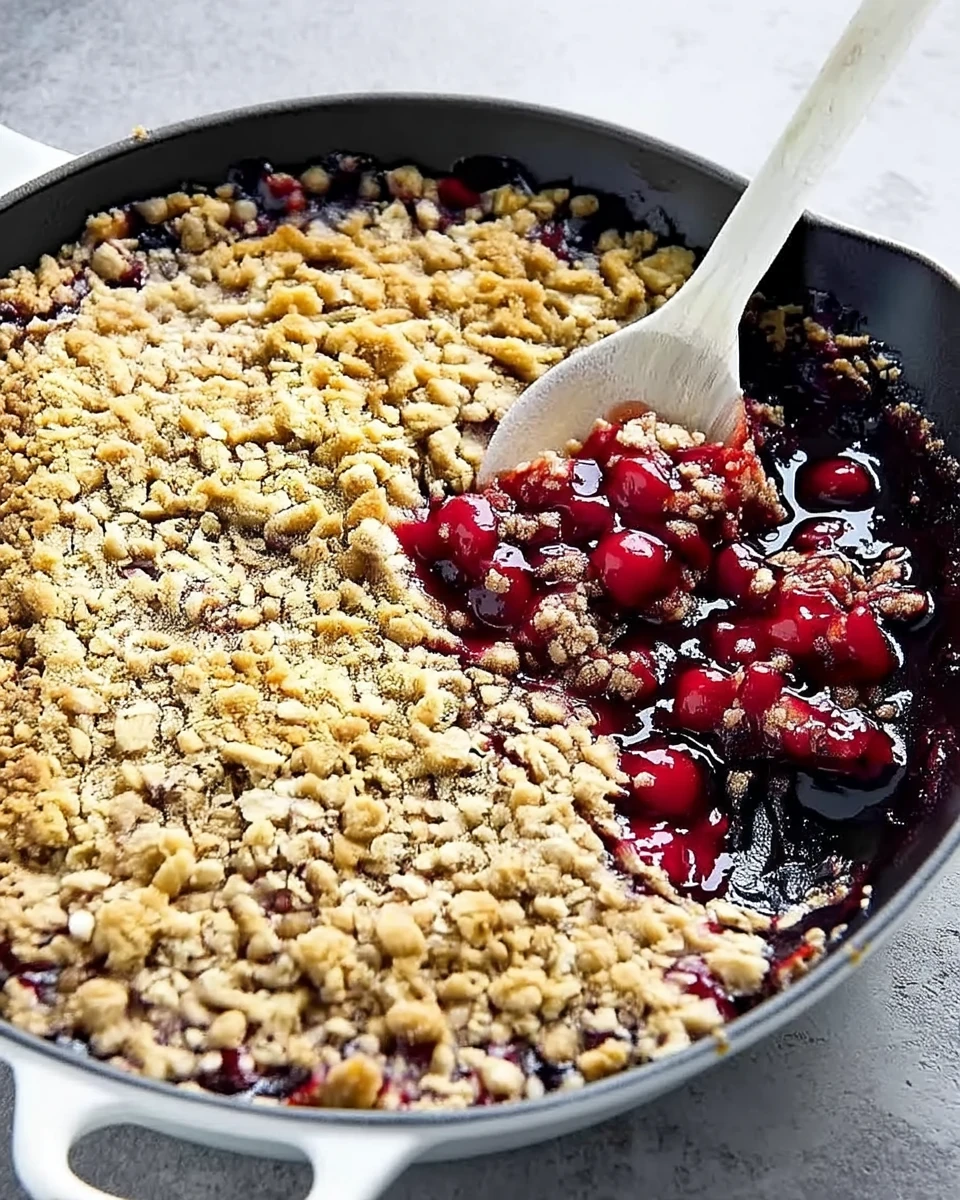 Easy cherry crisp in a skillet with golden topping and juicy cherry filling