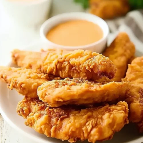 Crispy easy Chick-fil-A chicken tenders on a plate with dipping sauce