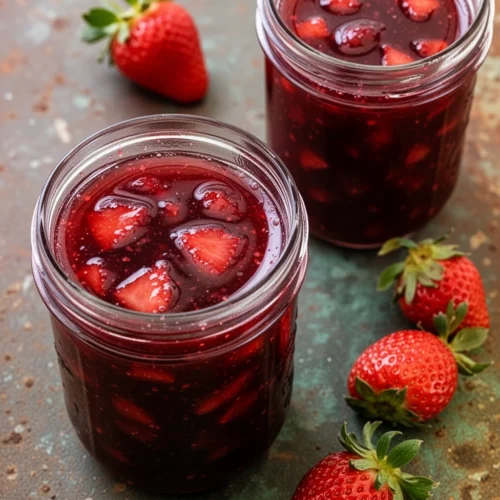 Easy homemade strawberry jam with pectin in a glass jar with a spoon