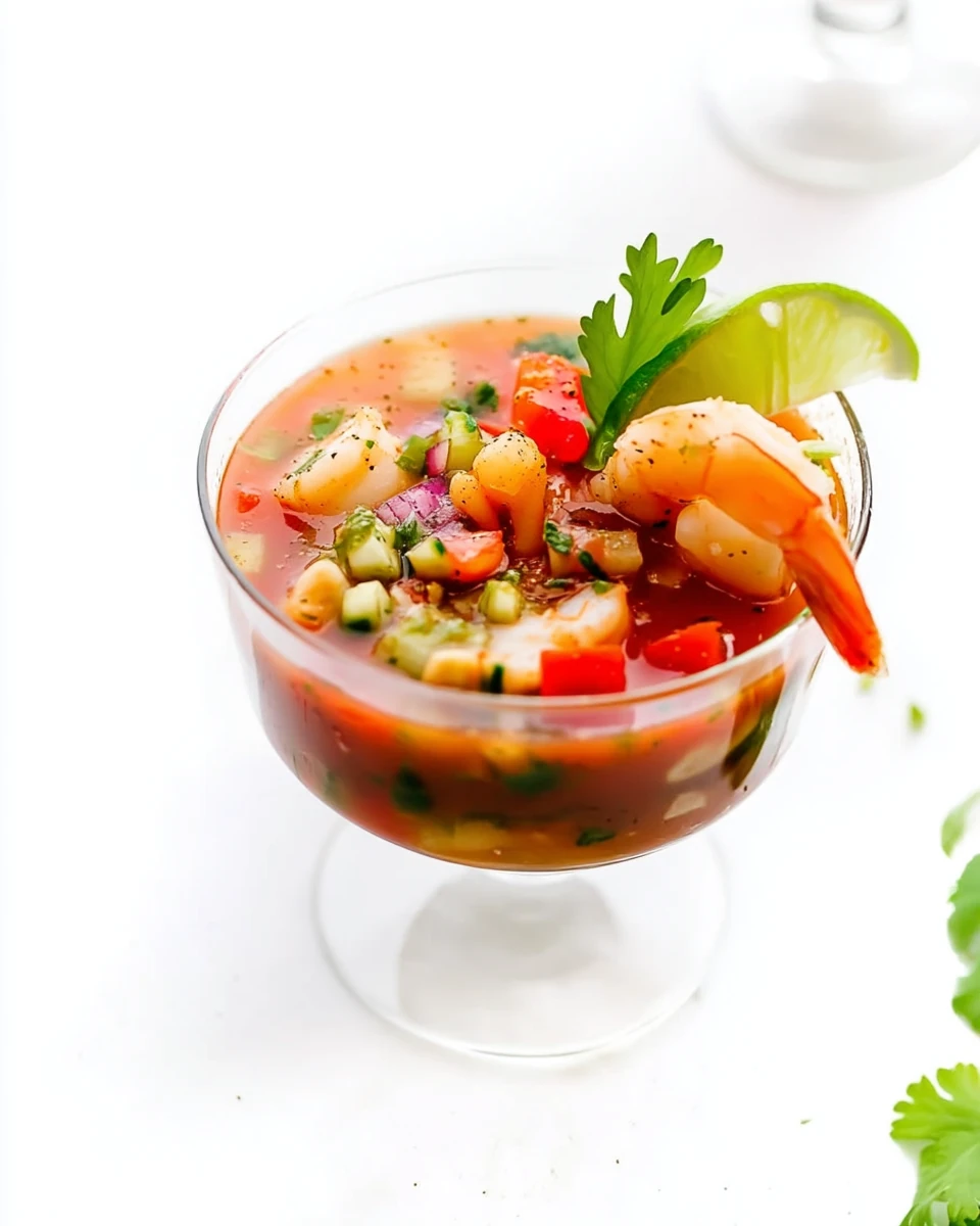 Easy Mexican Shrimp Cocktail with Fresh Garnishes Easy Mexican shrimp cocktail in a glass with shrimp, tomatoes, and cilantro