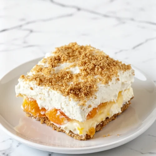 Easy no-bake peach dessert with creamy layers and fresh peaches